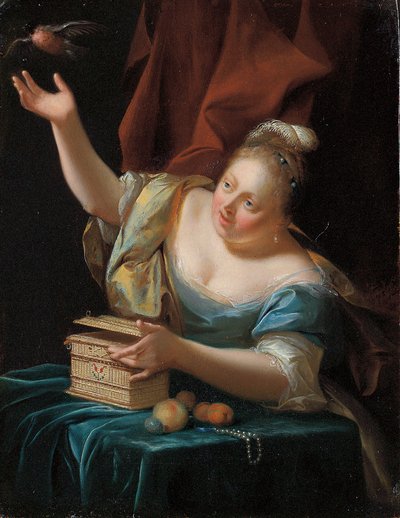En kvinna som sitter vid ett bord i snygg kostym och befriar en sångfågel från sin bur av Godfried Schalcken