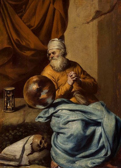 Gammal man med ett klot, ett timglas, en dödskalle och böcker (Vanitas) av Gonzales Coques