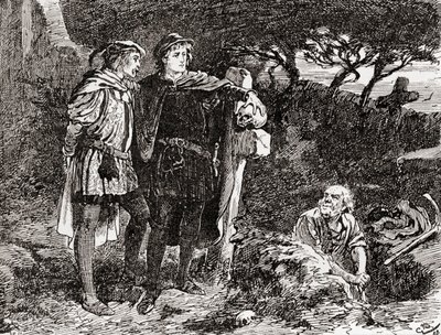 En scen ur William Shakespeares pjäs Hamlet, akt V, scen 1, Hamlet: Jag känner honom, Horatio, en kille med oändligt mycket skämt och utmärkt fantasi, från The Works of William Shakespeare, publicerad 1896 (e av Gordon Frederick Browne