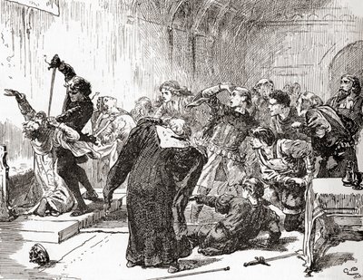 En scen ur William Shakespeares pjäs Hamlet, akt V, scen 2, Hamlet: Poängen är också förgiftad! Då, gift, till ditt arbete. (knivhugger kungen), ur The Works of William Shakespeare, publicerat 1896 (gravyr). av Gordon Frederick Browne