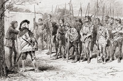 En scen från William Shakespeares pjäs Kung Henrik IV, del 1, akt IV, scen 2, Falstaffs raggarregemente, från The Works of William Shakespeare, publicerad 1896. av Gordon Frederick Browne