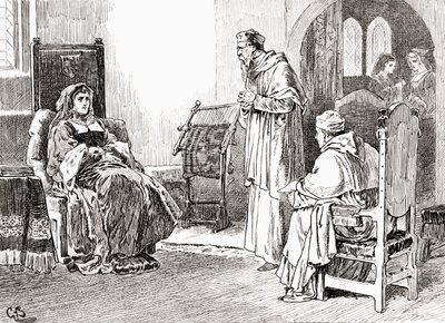 En scen från William Shakespeares pjäs Kung Henrik VIII, akt III, scen 1, drottning Katherine: Gör vad ni vill, mina herrar, och förlåt mig, om jag har uppträtt oskickligt, från The Works of William Shakespeare. av Gordon Frederick Browne