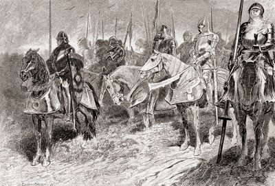 En scen ur William Shakespeares pjäs Kung Henrik V, akt IV, scen 2, Lord Grandpré: De ryttare som sitter som fasta ljusstakar med facklestänger i sina händer, från The Works of William Shakespeare, pu av Gordon Frederick Browne