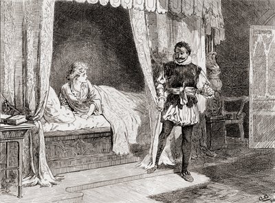 En scen ur William Shakespeares pjäs Othello Akt V, scen 2, Desdemona: Talar du om att döda? Othello: Ja, det gör jag, från The Works of William Shakespeare, utgiven 1896. av Gordon Frederick Browne