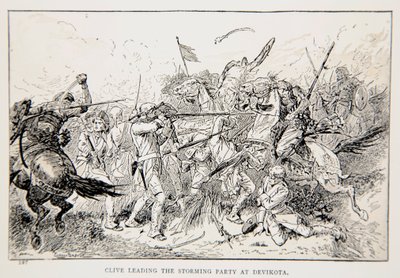 Clive leder stormfesten i Devikota, en illustration från "With Clive in India, or the Beginnings of an Empire" av G.A. Henty, pub. London, 1884 av Gordon Frederick Browne