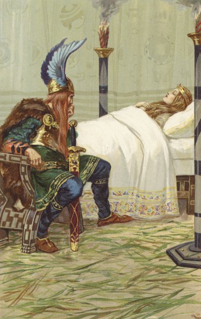 Harald satt vid hennes sida och tittade på henne (chromolitho) av Gordon Frederick Browne