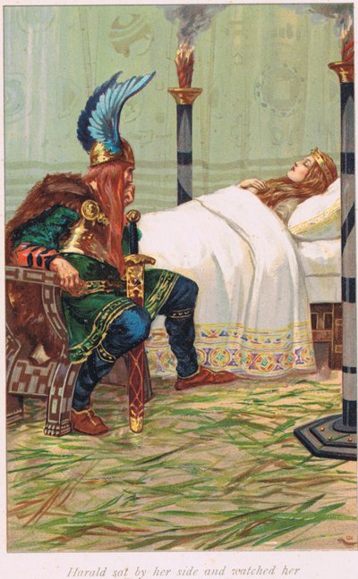 Harald satt vid hennes sida och tittade på henne, illustration från "The Book of Sagas" av Alice S. Hoffman, publicerad 1926 av Gordon Frederick Browne