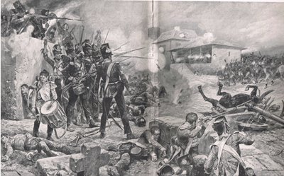 Hur 57:e regementet fick smeknamnet "The Die Hards" i slaget vid Albuera den 16 maj 1811, illustration från "British Battles on Land and Sea", utgiven av Cassell, London, omkring 1910. av Gordon Frederick Browne