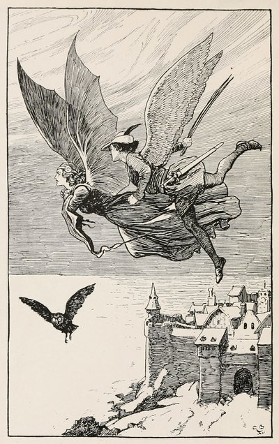 Reskamraten flög bakom henne, från Fairy Tales from Hans Anderson, pub 1919 (gravyr) av Gordon Frederick Browne