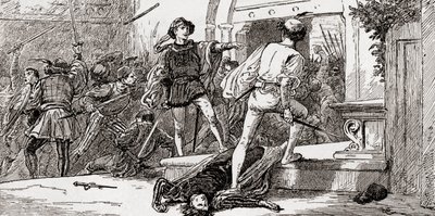 Tybalt dödad av Romeo, scen från William Shakespeares Romeo och Julia, akt III, scen 1, från The Works of William Shakespeare, publicerad 1896. av Gordon Frederick Browne