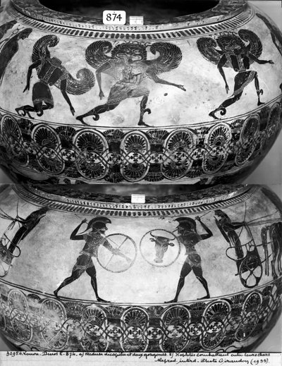 Dinos föreställande (överst) Medusa halshuggen (nederst) och Hoplites Fighting, c.580 f.Kr. (keramik) (se även 438877) av Gorgon Painter