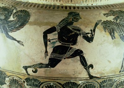 Perseus flyr från Gorgonerna, detalj från en attisk svartfigur dinos, grekisk, c.590 f.Kr. (keramik) av Gorgon Painter