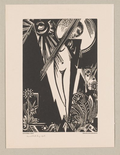 Stående kvinna, sol, måne och blommor av Gottfried Graf