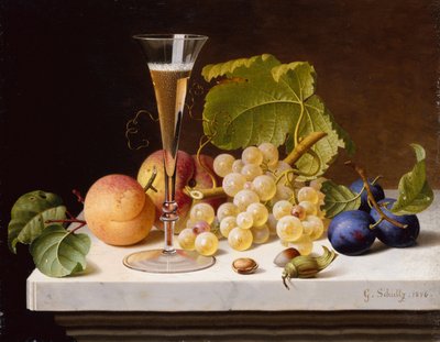 Vindruvor, persikor, plommon, nötter och ett glas champagne på en marmoravsats av Gottfried Schultz