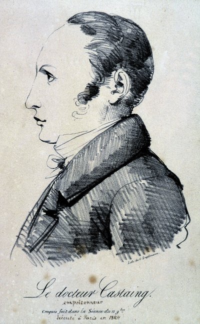 Porträtt av Dr. Castaing, gift. Han använde morfinsalt, hydroklorid för att döda sin vän Hippolyte Ballet 1823. Den avrättades i Paris 1824. Litografi av Engelmann från en skiss gjord under sessionen den 11 november. av Gottfried or Godefroy Engelmann