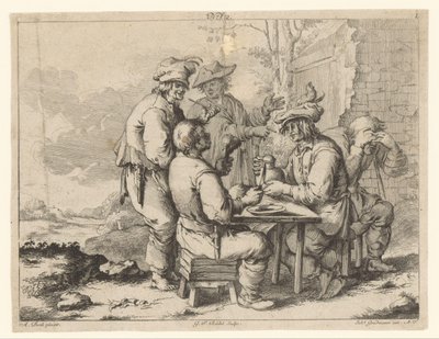 Fem bönder vid bordet i det fria Lantligt mys (serietitel) av Gottlieb Friedrich Riedel