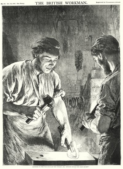 Att komma in i den tunna änden av kilen, eller "Slå medan järnet är varmt" (gravyr) av Gourlay Steel