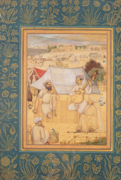 Musiker och sångare knäböjer i utkanten av ett Mughal Camp. En yogi och en tjänare Lyssna på dem, från Minto-albumet, ca 1630 av Govardhan