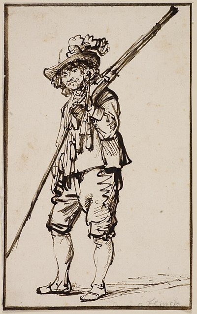 En stående soldat med en musköt över axeln av Govert Flinck