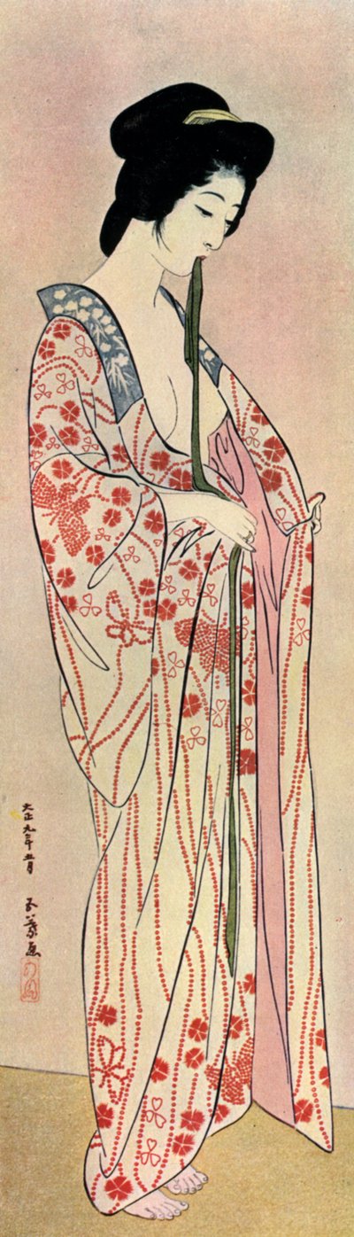 En japansk kvinna som bär en nagajuban, 1920 1930. av Goyo Hashiguchi