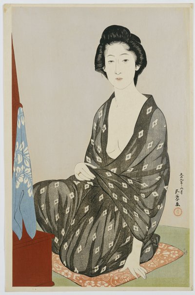 En skönhet i en svart kimono med vita hanabishi-mönster, sittande framför en spegel, 1920 av Goyo Hashiguchi
