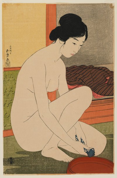Kvinna som badar, Taisho-eran, oktober 1915 (träblock i färg) av Goyo Hashiguchi