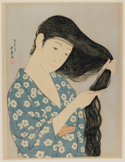 Kvinna som kammar sitt hår, Taisho-eran, mars 1920 (färgsnitt) av Goyo Hashiguchi