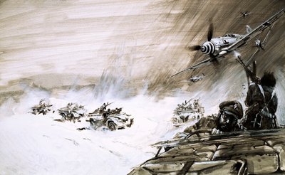 En konvoj med fem tunga lastbilar som korsar det egyptiska sandhavet attackeras av ett fiendeplan (gouache på papper) av Graham Coton