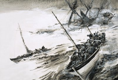 Oidentifierat skeppsvrak med livbåtar som flyr ut i stormigt hav av Graham Coton