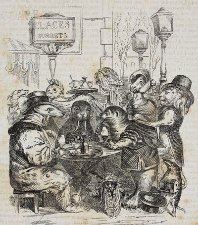 Odjur som sitter i glassbutik, litografi av Giovanni Mariani efter karikatyr av Jean-Jacques Grandville (1803-1847) från Poliorama Pittoresco, n 24, 21 januari av Grandville