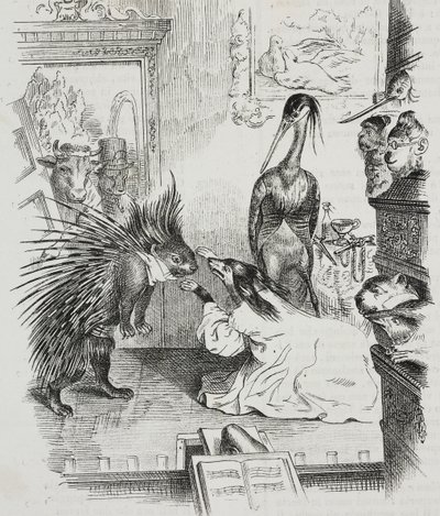 Hund och piggsvin, karikatyr av Jean-Jacques Grandville (1803-1847), litografi av Giovanni Mariani från Poliorama Pittoresco, n 38, 30 april av Grandville