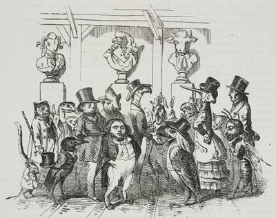 Utgång från teatern, karikatyr av Jean-Jacques Grandville (1803-1847), litografi av Giovanni Mariani från Poliorama Pittoresco, nr 39, 7 maj av Grandville
