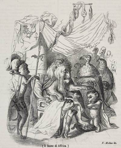 Lion of Africa, karaktären i historien om afrikanska lejon och tre infödda unga lejon, litografi av Filippo Molino (1804-1856) efter teckning av Jean-Jacques Grandville (1803-1847), av Grandville