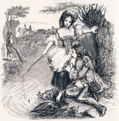 Fiskarna och herden som spelar flöjt - Fables av La Fontaine av Grandville