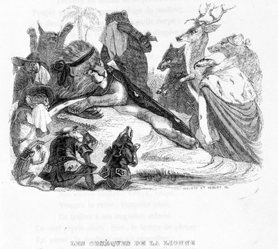 Lejoninnans begravning - i "" Fables de La Fontaine"" ill. av Grandville av Grandville