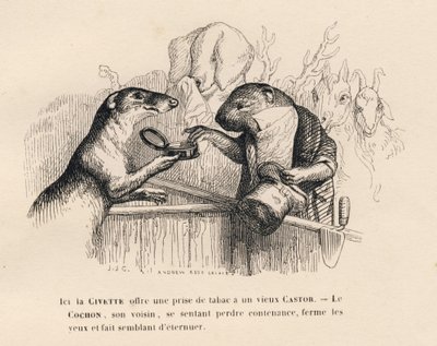 En civet erbjuder en tobaksfångst till en gammal bäver, grisen bakom honom försöker hålla tillbaka sig själv. Vinjetter illustrerade av JJ Granville. Gravyr signerad Andrew Best och Leloir i prologen med titeln "Parlamentary summary" skriven av PJ Stahl i  av Grandville