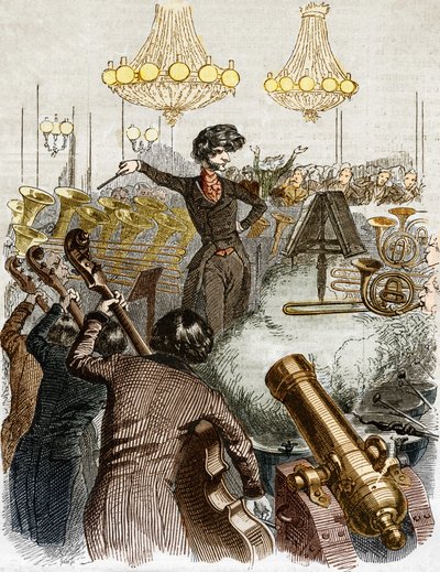 En konsert har ett maskingevär. Tecknad film av Hector Berlioz som dirigerar en orkester. I "" Jerome Paturot på jakt efter en social position"" illustrerad av Grandville. av Grandville