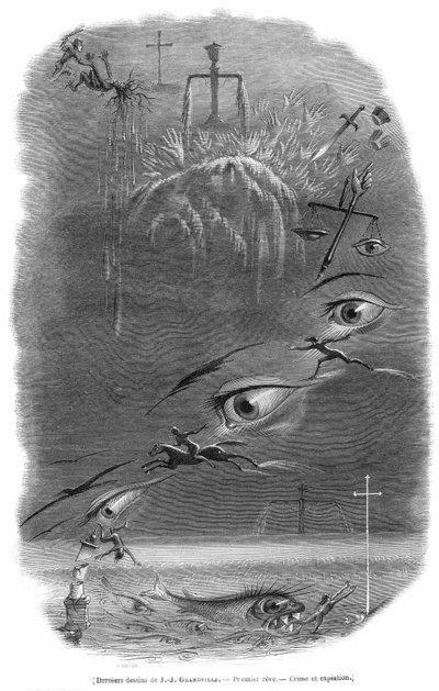 Eine Szene, die der Karikaturist Grandville während eines Albtraums kurz vor seinem Tod träumte. Georges Bataille schrieb über diese Gravur: Der Verbrecher träumt, dass er gerade einen Mann in einem dunklen Wald geschlagen hat. Menschliches Blut wurde verg von Grandville (1803-47)