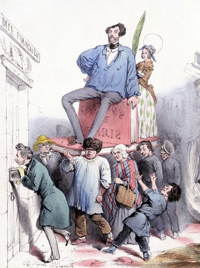 Alfred de Vigny knackar på dörren till Akademien med sina kompletta verk, och Eugène Sue, sittande på "" Les mystères de Paris"", klädd i prins Rodolphes blå dukpalett - av Grandville, i "" Le Charivari""" av 21/02/1844 av Grandville
