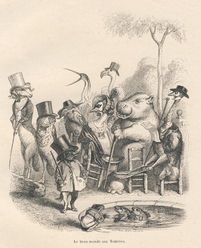 Djur i eleganta kläder går i Tuilerierna. Vinjetter illustrerade av JJ Granville. Gravyr signerad Andrew, Best och Leloir i delen "History of a hase" skriven av PJ Stahl i "Scener av djurens privata och offentliga liv". Slå vad av Grandville