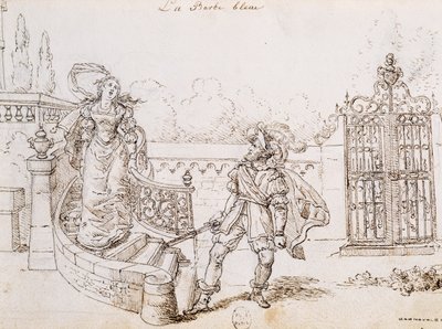 Blåskägg, illustration till saga av Charles Perrault (1628-1703), gravyr av Grandville (1803-1847) av Grandville