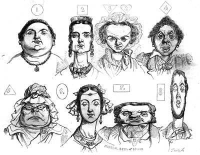 Tecknade serier som illustrerar de olika formerna av ansikte, uttryck, som associerar dem med distinkta moraliska egenskaper av Jean Ignace Isidore Gerard Grandville (1803 -1847). I "" Den pittoreska butiken"" 1835 av Grandville