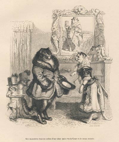 Hovkatt som hälsar en ung kvinnlig katt. Miniatyrer illustrerade av JJ Granville. Gravyr signerad Breviere i delen med titeln "Court pains of an English cat" skriven av Honore de Balzac i "Scener från djurens privata och offentliga liv". Paris, J av Grandville