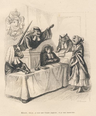 Katt som försvarar sig i en domstol bestående av en enhörning, en katt, en hund och en varg. Miniatyrer illustrerade av JJ Granville. Gravyr signerad Breviere i delen med titeln "Court pains of an English cat" skriven av Honore de Balzac i "Sc av Grandville