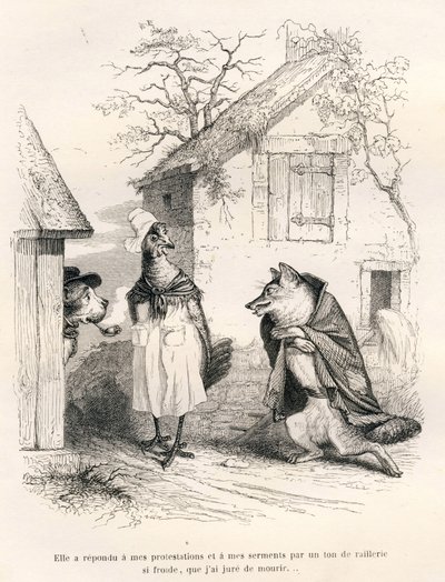 Samtal mellan en hund, en höna och en räv. Vignetter illustrerade av JJ Granville. Gravyr signerad Godard i delen "Un renard pris au piege" skriven av Charles Nodier i "Scenes de la vie privee et publique des animaux". Paris, J. H. av Grandville