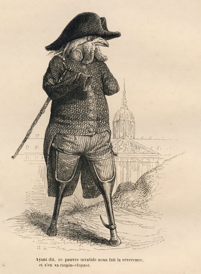 Tupp ogiltig framför hotel des invalides i Paris. Miniatyrer illustrerade av JJ Granville. Gravyr signerad Andrew, Best och Leloir i delen med titeln "De medicinska djuren" skriven av Pierre Bernard i "Scener från djurens privata och offentliga liv". av Grandville