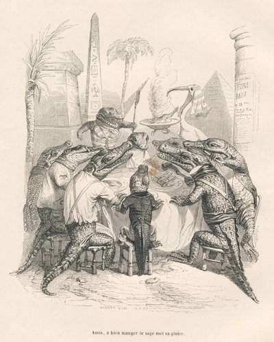 Krokodiler runt ett bord i Egypten. Miniatyrer illustrerade av JJ Granville. Gravyr signerad Andrew, Best och Leloir i delen med titeln "Memories of a crocodile" skriven av Emile de La Bedolliere i "Scener från djurens privata och offentliga liv". av Grandville
