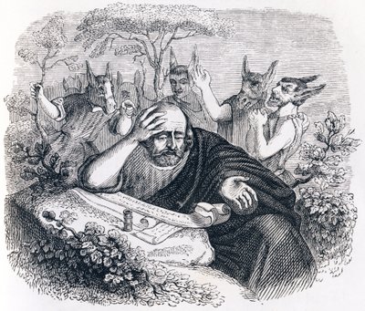 Demokrit (460-370 f.Kr.). och abderitanerna. (Brev från Hippokrates) - Fabler av La Fontaine av Grandville