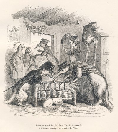 Så snart jag satte min fot på ön blev jag omringad av märkliga djur i statens tjänst. Illustrerade vinjetter av JJ Granville. Gravyr signerad Porret i delen "Voyage d