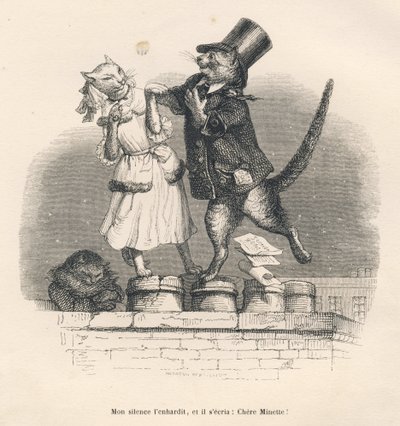 Två katter som förför varandra på ett tak. Miniatyrer illustrerade av JJ Granville. Gravyr signerad Andrew, Best och Leloir i delen med titeln "Court pains of an English cat" skriven av Honore de Balzac i "Scener från djurens privata och offentliga liv av Grandville